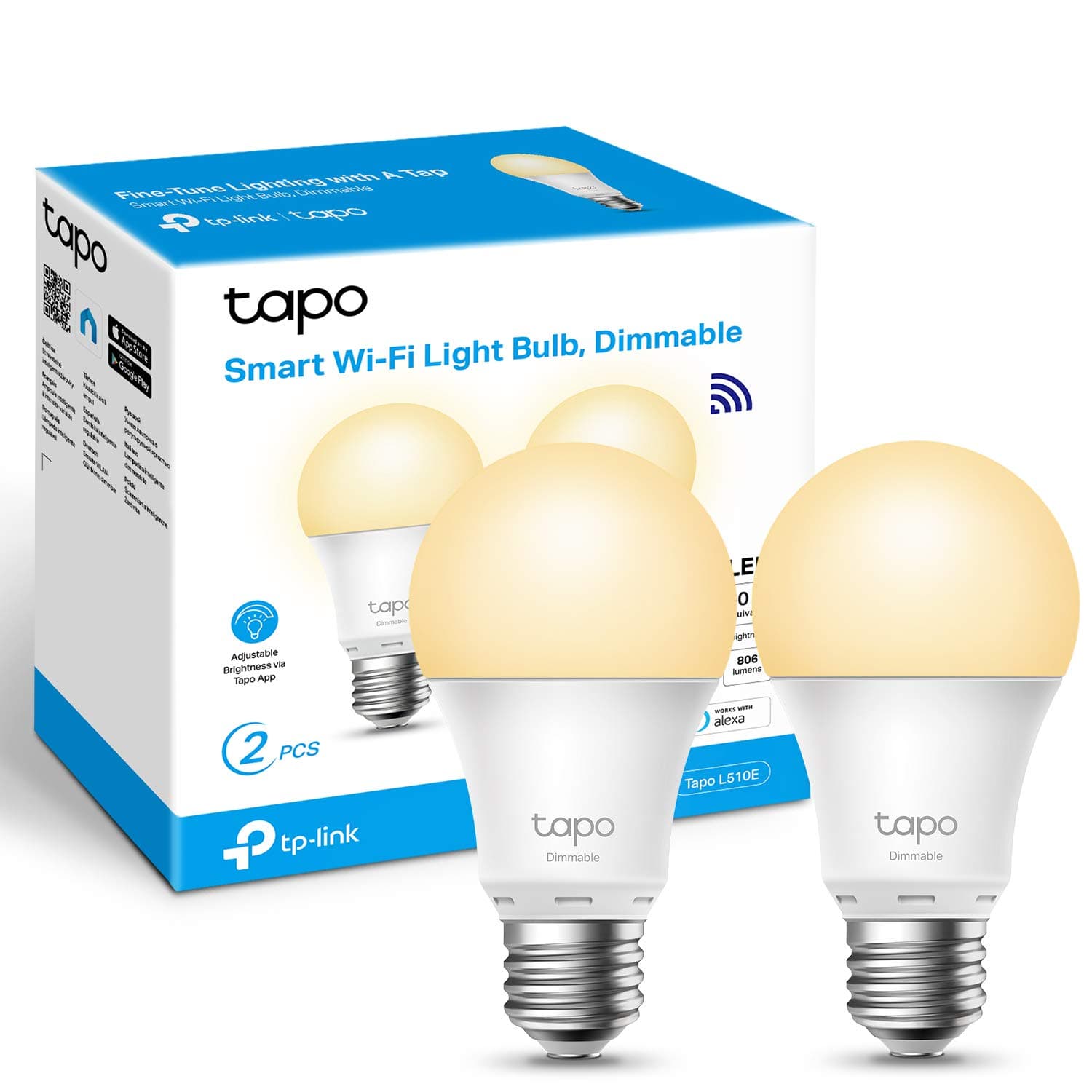 TP-Link Smart Bulb, Smart Wi-Fi LED Light, E27, 8.7W, Energy saving, Works with Amazon Alexa and Google Home, Dimmable Soft Warm White, No Hub Required - L510E(2-pack)[Energy Class F]