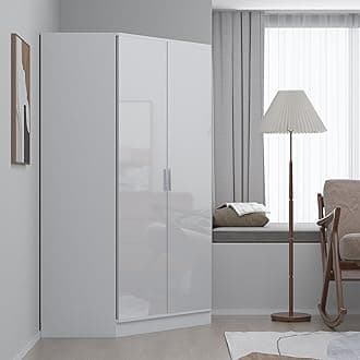 2 Door Corner Wardrobe | White Gloss & Matt White | Bedroom Storage with 2 Hanging Rails & 8 Shelves | H: 180cm x W: 103cm x D: 103cm | Modern Space Saving Design