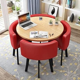 Round Kitchen Dining Table Set for 4, Space Saving Table and Chairs Set with Thick Tabletop 4 Upholstered Chairs, Dinning Room Modern Casual Coffee Table Set(D 31.5inch/80cm, PU Red)