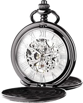 Men's Mechanical Skeleton Pocket Watch for Mens Women Blue Roman Numerals Dial Double Case Pocket Watches