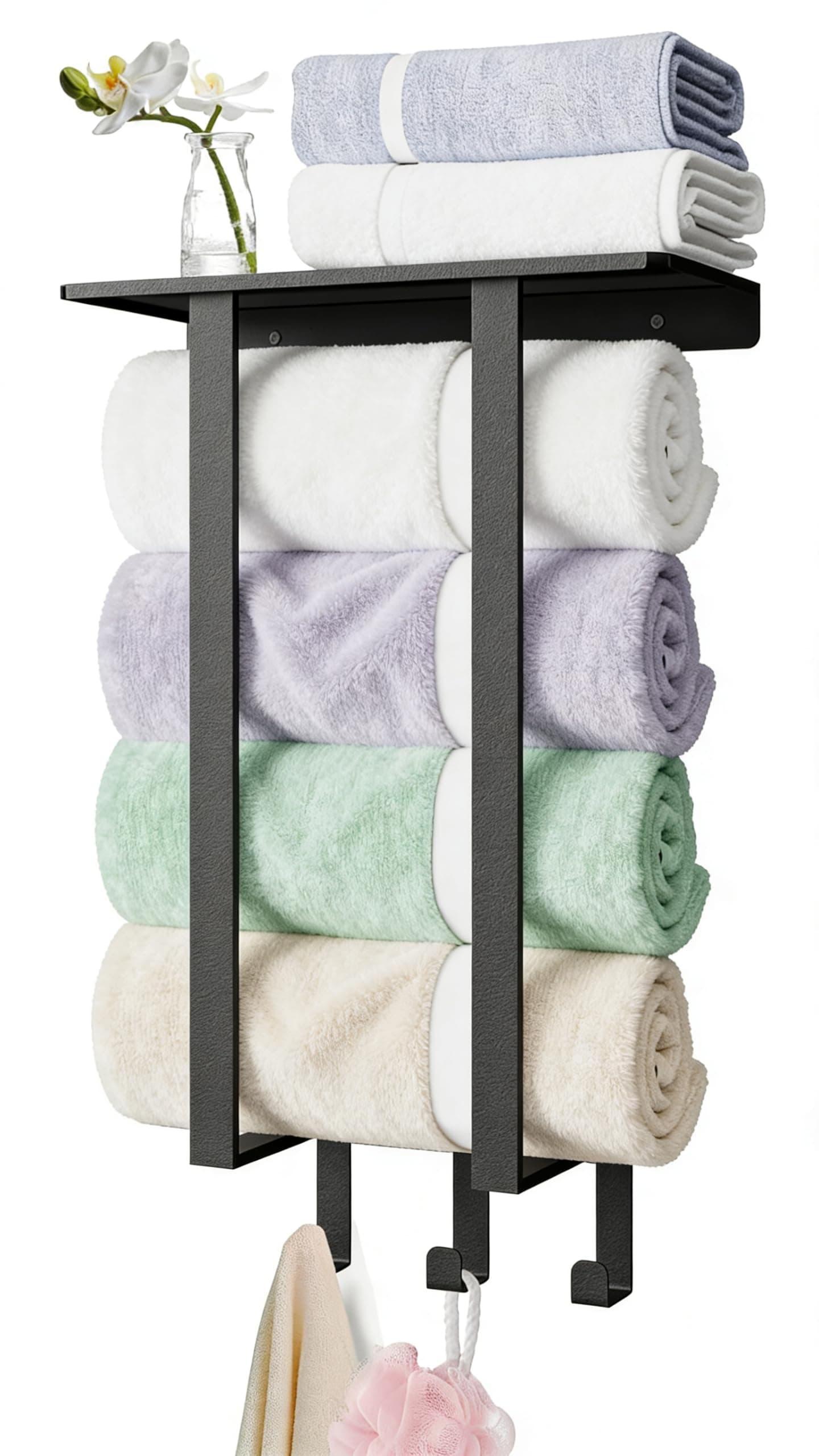 Towel Racks for Bathroom, Towel Rack with Shelf and 3 Hooks, Towel Storage Holders Wall for Rolled Bath Towels, Black