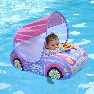 Swimbobo Toddler Pool Float Inflatable Car Baby Swim Float with Adjustable Sun Canopy and Safety Seat Pool Toys for Kids 3 Years Old +