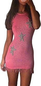 Faretumiya Women Starfish Sequin Mini Dress Square Neck Star Print Knitted Dress Sleeveless Bodydon Tank Dresses Beach Party