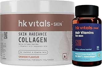 Hair Multivitamin with DHT Blockers, Omega & Biotin & Helps Reduce Hair Fall, 30 Multivitamin Capsules with Skin Radiance Collagen Supplement with Biotin, Orange, 100 g