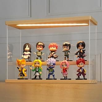 LANSCOERY Clear Acrylic Display Case with Light, Assemble 2 Tier Display Box Stand with Wooden Base, Dustproof Protection Showcase for Collectibles Memorabilia Figurines (11.8x4.3x7.9inch; 30x11x20cm)