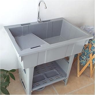 Freestanding Plastic Outdoor Sink With Hot & Cold Faucet, For Garage, Basement, Garden (Color: Gray)