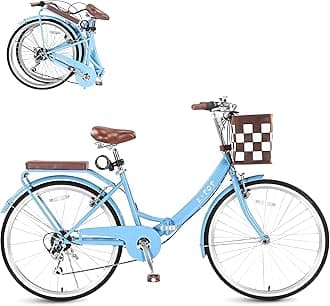 Foldable Beach Cruiser Bike for Women, 24/26 Inch Bikes for Women, 7 Speed Commute Bike with Basket Adult Womens Bicycles, City Commuting's Bicycle, Dual V-Brake, Multiple Colors