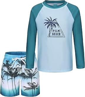 Boys Swimming Costume Two Piece Swimsuit Set with Swimming Trunks Kids Long Sleeve Bathing Suit Swimwear