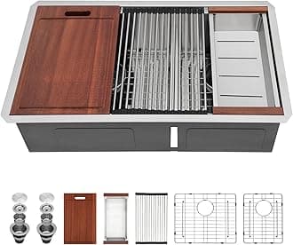 Sarlai 33 Kitchen Sink Double Bowl - 33x19 Inch Undermount Sink16 Gauge Stainless Steel Ledge Workstation Low Divide Double Bowl 60/40 Under Counter Kitchen SinK Basin