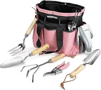 WORKPRO 8-Piece Garden Tools Set, Stainless Steel Hand Gardening Tools with Wooden Handle, Including Gloves, Trowel, Weeder, Hand fork, Hand Rake, Transplanter, Pruner and Garden Bag