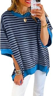Womens Tops Casual Short Sleeve Sweatshirt Crewneck Striped Shirt Pullover T Shirts Loose Blouses