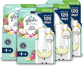 Plug in Air Freshener Holder and Refill, Electric Scented Oil Room Air Freshener, Tropical Blossoms, Pack of 4 Starter Kits, (4 x Holder and 4 x 20 ml Refill)