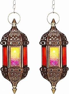 Retisee 2 Pcs Hanging Moroccan Lantern Hexagon Decorative Moroccan Candle Lantern Holders Hanging Candle Holder Indoor Outdoor for Patio Weddings Christmas Decoration