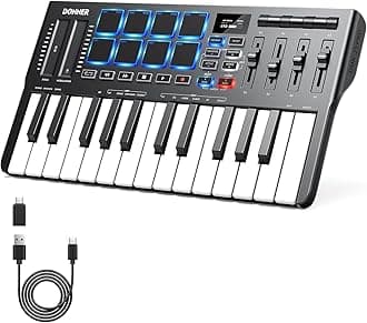 Donner DMK25 Pro MIDI Keyboard Controller, 25 Mini Key Portable USB-C MIDI Keyboard with 8 Drum Pads, OLED Display, Personalized Touch Bar, Music Production Software and 40 Teaching Courses White