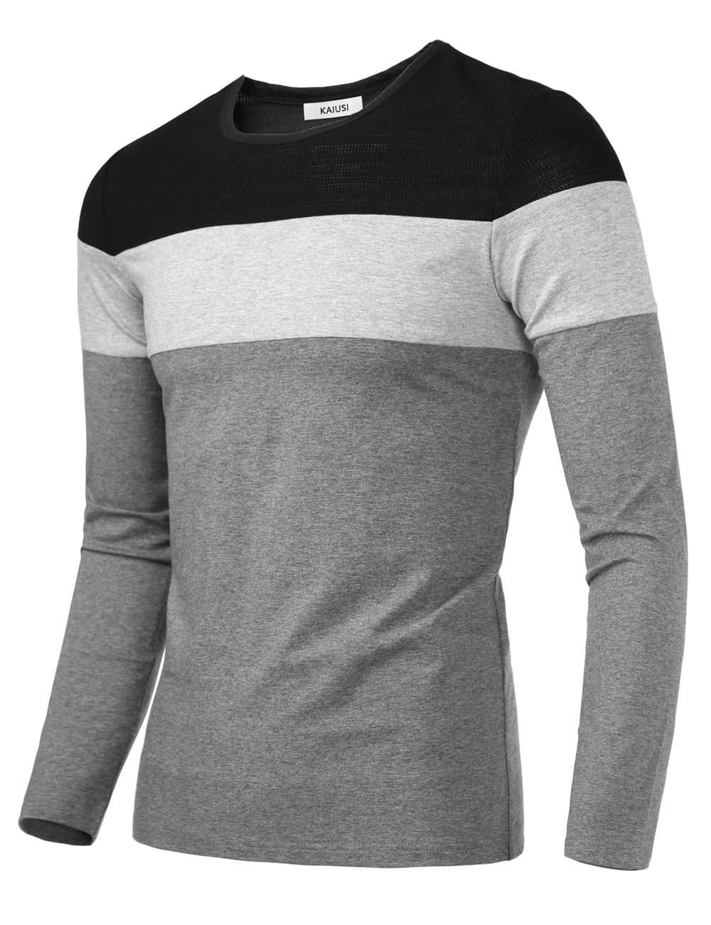KAIUSI Basic Men Round Neck Stripes Pullover Long Sleeve T-Shirt