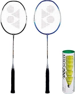 ZR 100 Light Aluminum Blend Badminton Racquet with Full Cover, Set of 2 (Black/Blue) & Mavis 200i Nylon Shuttle Cock, Pack of 6 (Yellow)