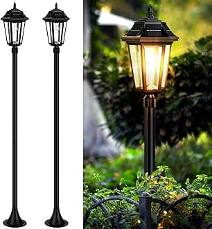63" Solar Post Lamp Lights 2Pack, Wireless Solar Pole Lights Outdoor, Waterproof Floor Lamp for Patio, Rustproof Aluminum Poles and Bases, Warm White, Changeable Bulb