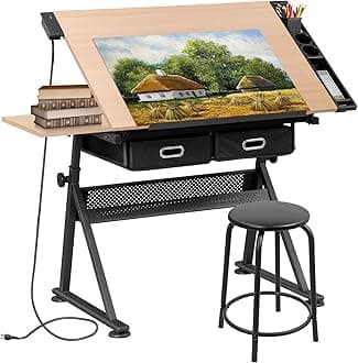 SUPER DEAL Drafting Table Set with Charging Station, Tilting Tabletop Adjustable Height Art Desk Multifunctional Craft Workstation with Stool, 2 Storage Drawers for Home Office School, Natural