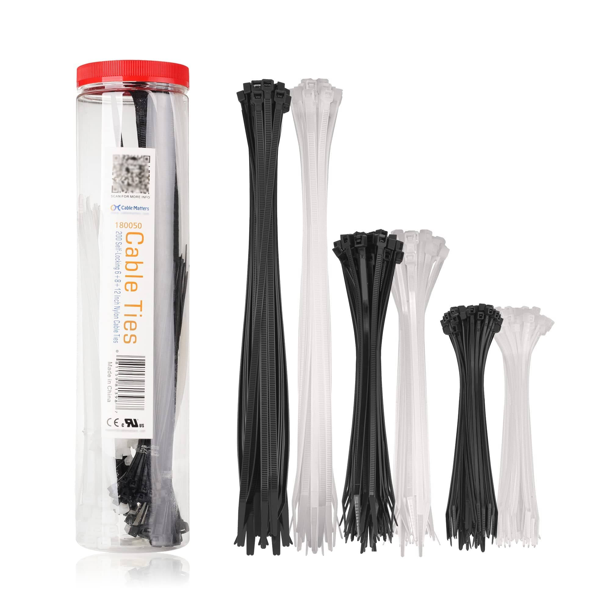Combo Pack Assorted 200 Self-Locking 15+20+30cm Nylon Cable Ties (Tie Wraps, Zip Ties) in Black and White
