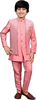 Ahhaaaa Kids Indian Ethnic Silk Blend Waistcoat Kurta Pyjama Set Traditional Bollywood Style Wedding Sherwani for Boys
