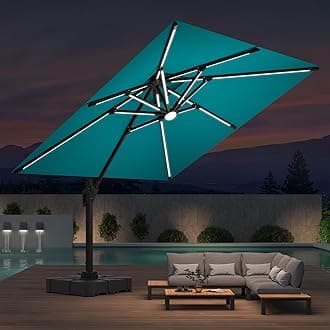 10x10 FT Cantilever Patio Umbrella with Led Lights Double Top Outdoor Square Heavy Duty Offset Umbrellas 360°Rotation Free-motion Track Tilt Windproof for Pool Deck Garden, Turquoise