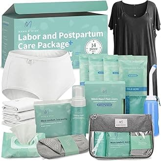 Mama & Wish Postpartum Care Kit for Mom (14-Piece) - Includes Labor and Delivery Gown, Peri Bottle, Witch Hazel Foam, Pad Liners More! Hospital Essentials for Women After Birth