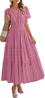 BTFBM Womens Summer 2026 Casual Midi Maxi Dresses Lightweight Short Sleeve V Neck Elastic Waist Boho Beach Dress Pockets