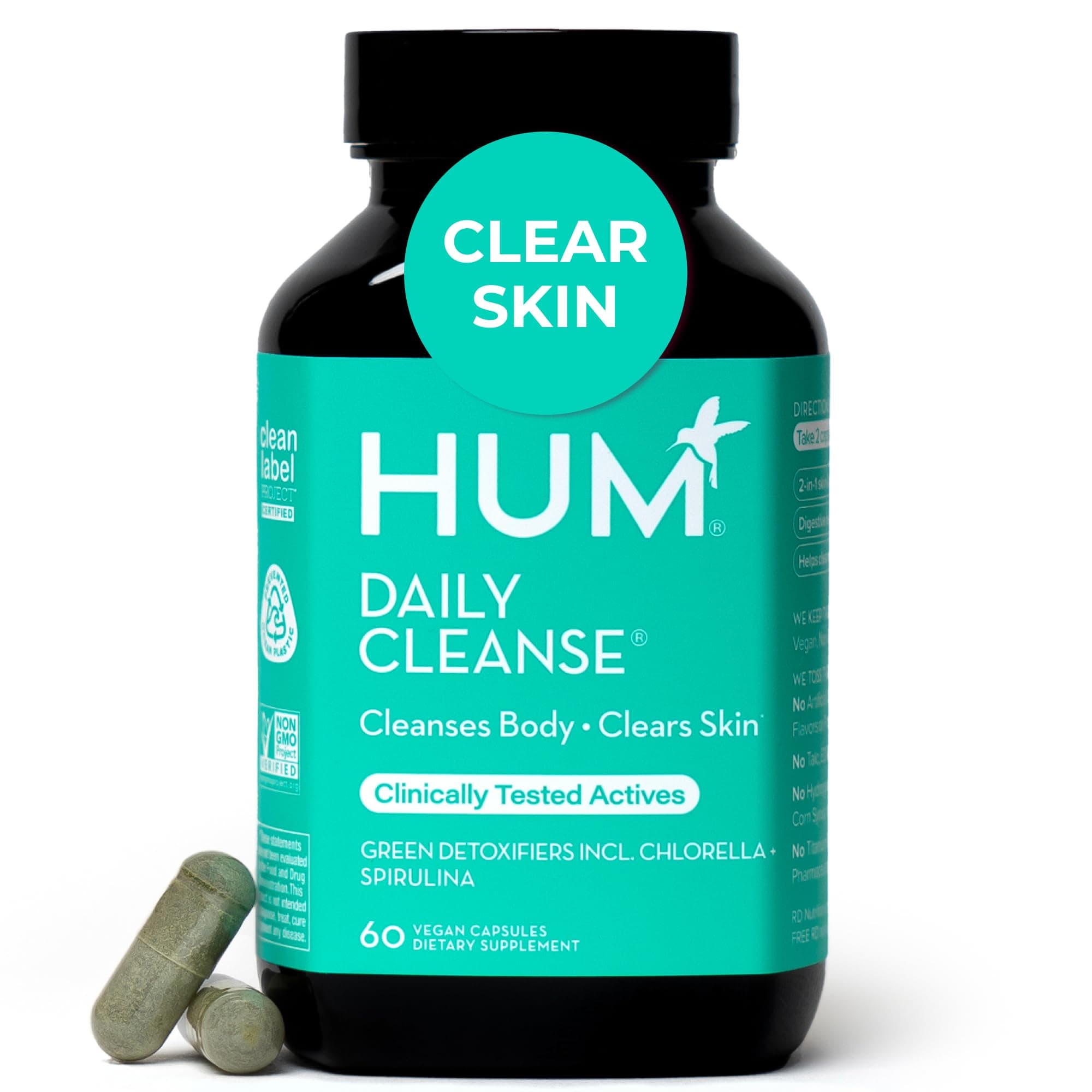 HUM Daily Cleanse Acne Supplements - Support for Clear Skin & Improved Digestion with Organic Algae, Detoxifying Herbs, Vitamins & Minerals - Skin Supplement for Women and Men (60 Vegan Capsules)