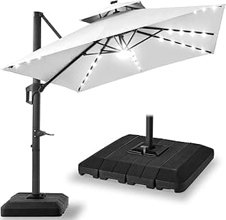 10x10ft Cantilever Patio Umbrella w/Base Included, Solar LED Lights 360 Rotation Large Offset Hanging Outdoor Shade for Deck Pool Backyard w/Stand – Fog Gray