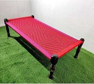 Rajasthani Wooden Khatiya Khaat | Traditional Handcrafted Wooden Charpai Bed | 6x3 Feet | Solid Wood Frame with Durable Cotton Ropes for Home, Garden, or Outdoor Use (Red Pink)