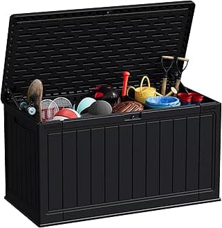 Patiowell 150 Gallon Large Outdoor Storage Box, Waterproof Deck Box with Fixed Divider, Lockable and Durable Patio Storage Solution for Patio Furniture and Garden Tools (Black)