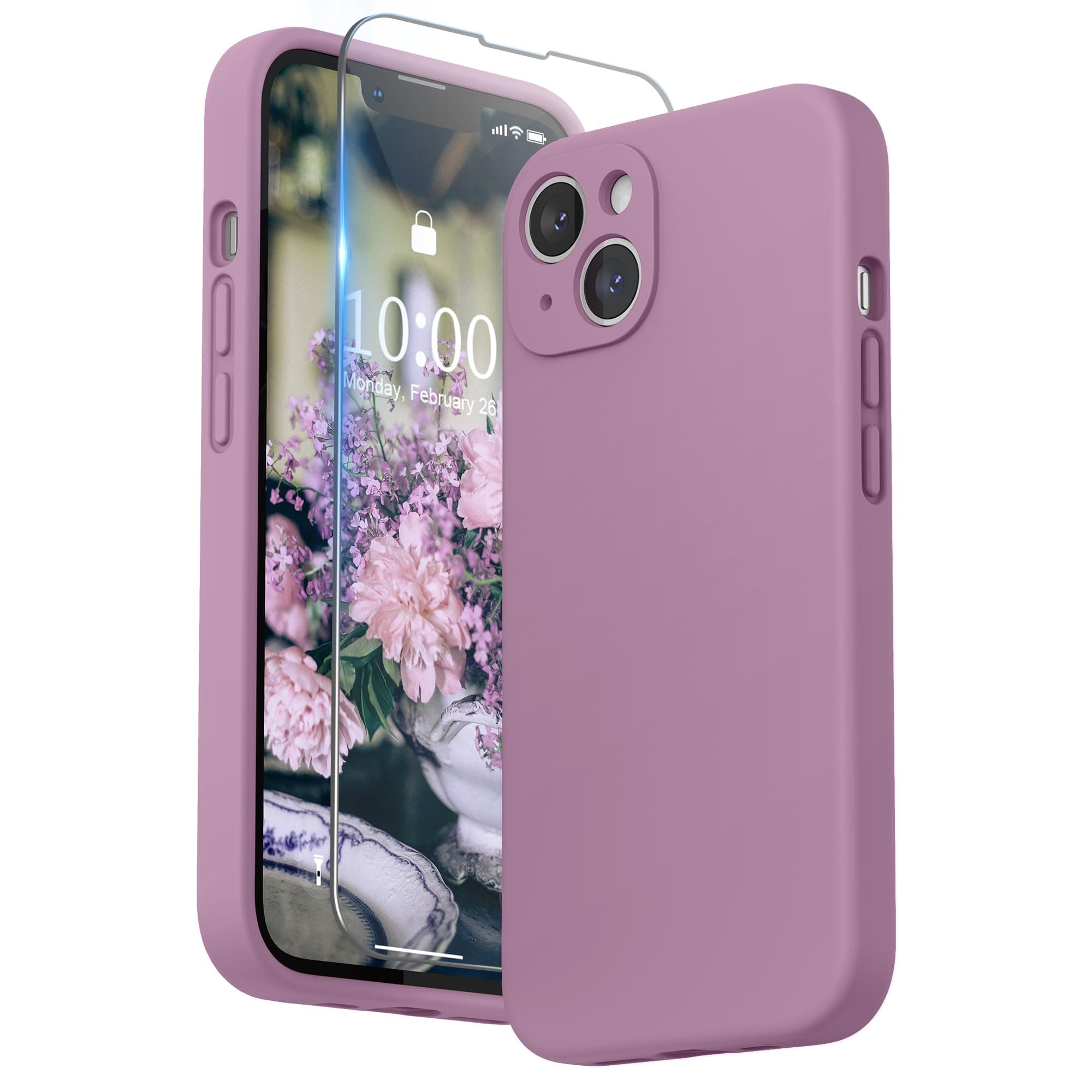 SURPHY Compatible with iPhone 13 Case with Screen Protector, Liquid Silicone Protection for Each Lens Shockproof Thickened Rubber Cover for iPhone 13 6.1 inch 2021, Lilac Purple