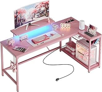 Bestier L Shaped Gaming Desk with Power Outlets,58 LED Small Corner Desk with Reversible Storage Shelves,Pink Computer Desk with Headset Hooks Desk for Living Room and Dormitory