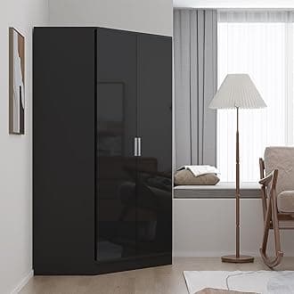 Reflect 2 Door Corner Wardrobe | Black Gloss & Black Oak | Bedroom Storage with 2 Hanging Rails & 8 Shelves | H: 180cm x W: 103cm x D: 103cm | Modern Space Saving Design