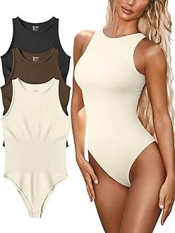 FUNNYBSG Womenâ€™s Sexy Ribbed Bodysuit Tops - 3 Piece Sleeveless Halter Neck Bodysuits with Tummy Control (Color : Black Coffee Beige, Size : M)