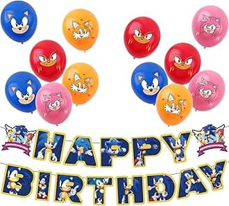 Sonic Birthday Decorations Cartoon Sonic Party Pack with 1pcs Happy Birthday Sonics Banner and 12pcs 12inch Balloons for Kids Girls Boys So-nic Decorations,So-nic Party Supplies