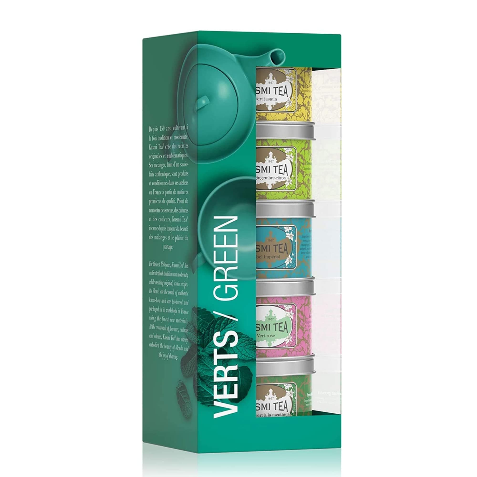 Green Teas Gift Set - Five Loose Teas in Miniature Tins - Includes Jasmine, Ginger-Lemon, Imperial Label, Rose & Spearmint