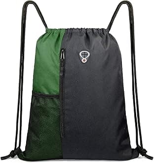 Green Drawstring Bag Sports Gym Backpack for Women Men Large Cinch Sackpack Day Pack with Zipper and Water Bottle Mesh Pockets (Black/Green)