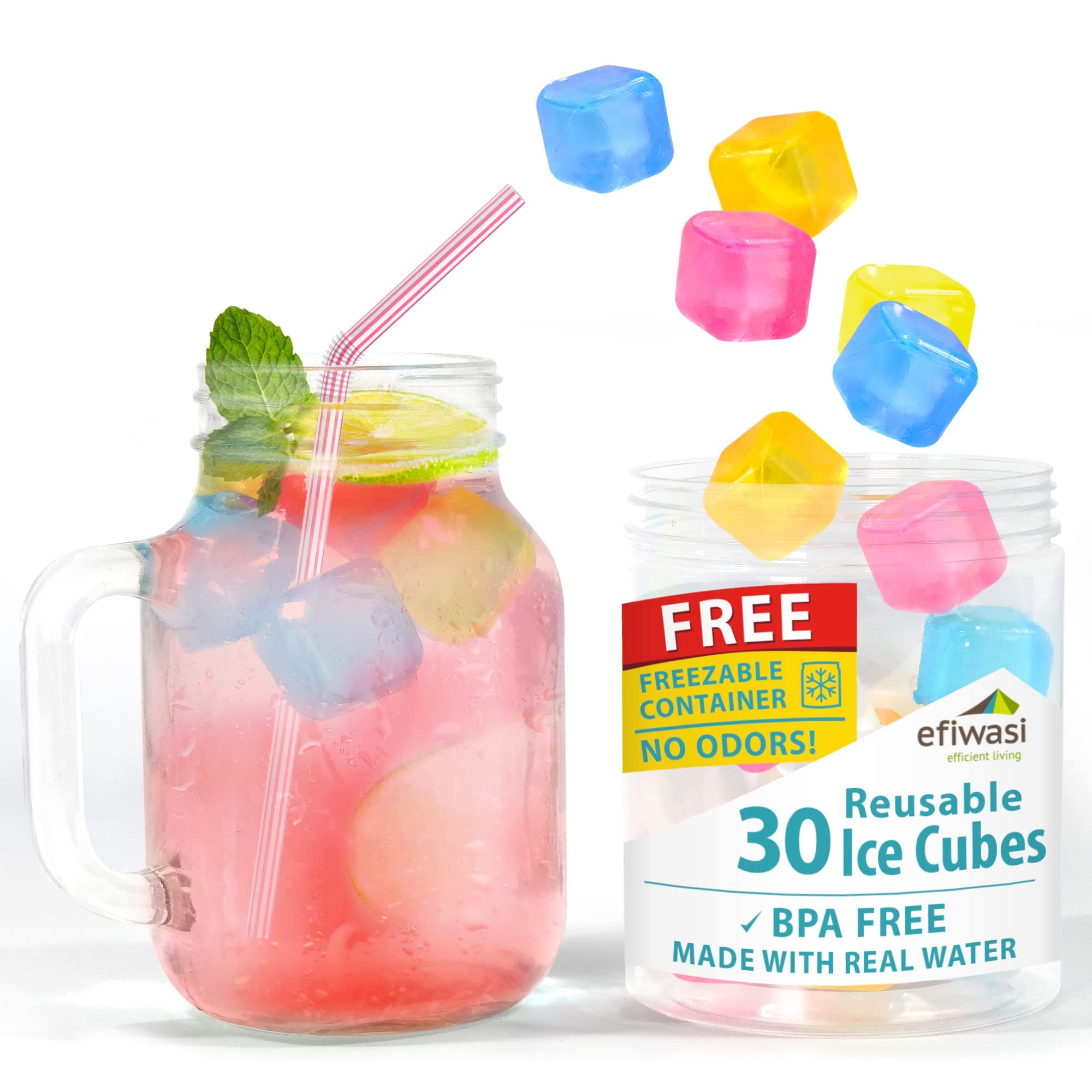 Reusable Ice Cubes For Drinks - Chills Drinks Without Diluting Them - Made From BPA Free Plastic - Refreezable, Washable, Quick And Easy To Use - Pack Of 30 With Storage Container by Efiwasi