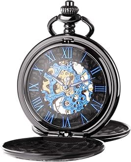 Men's Mechanical Skeleton Pocket Watch for Mens Women Blue Roman Numerals Dial Double Case Pocket Watches