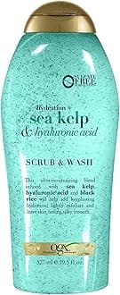 OGX Hydration + Sea Kelp & Hyaluronic Acid Sulfate-Free Lightly Moisturizing Body Scrub with Black Rice, Gentle Exfoliating Daily Body Wash to Soften & Smooth Skin, 19.5 Fl Oz