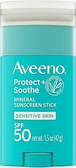 Aveeno Protect + Soothe Mineral Sunscreen Stick for Sensitive Skin, SPF 50, Water-Resistant for 80 minutes, Face & Body Sunscreen with Zinc Oxide & Oat, Fragrance-Free, Travel Size, 1.5 OZ
