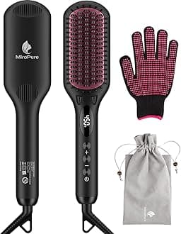 MiroPure 2 in 1 Ionic Hair Straightener Brush with Heat Resistant Glove and Temperature Lock Function