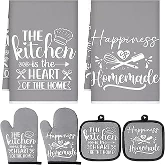 Sratte 6 Pcs Kitchen Decor Accessories Set Farmhouse Towels Pot Holders Oven Mitts Set 2 Dish Towels 2 Potholders 2 Cooking Mittens Oven Glove for Christmas Baking Cooking Supply(Gray,Kitchen)