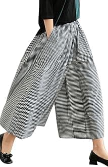 chouyatou Women's Cotton Linen Pants Elastic Waist Plaid Gingham Wide Leg Capri Palazzo Pants (X-Large, Black Gingham)