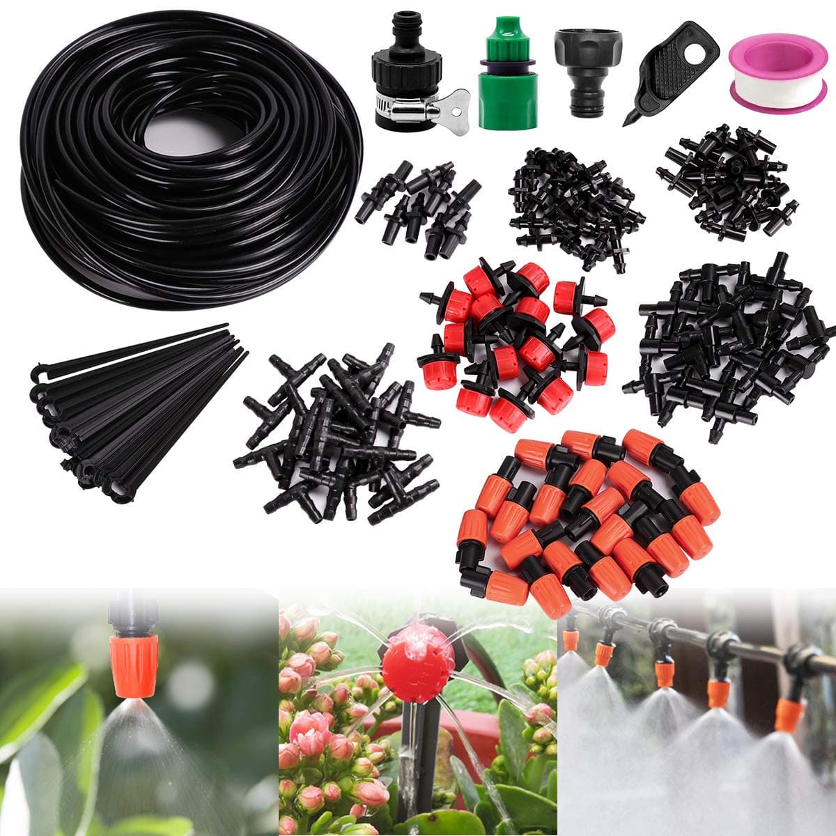 Drip Irrigation System, Automatic Garden Watering System with Adjustable Dripper 82ft 1/4" Blank Distribution Tubing Hose Drip Irrigation Kit 156 Pcs for Greenhouse, Garden, Flower Bed,Patio,Lawn