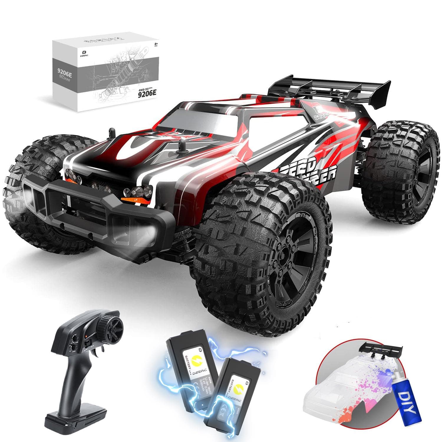DEERC 9206E DIY Extra Shell 1:10 Scale Large RC Car 48KM/H Hobby Grade High Speed Remote Control Car for Adults Boys All Terrain 4WD 2.4GHz Off-Road Monster RC Truck with 2 Batteries for 40+ Minutes