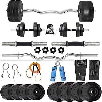 BODYFIT Home Gym Combo Dumbbell Set, Gym Equipments, 3ft Curl Rod + 2 New Model Dumbbell Rods, Weight Plates, Exercise Set, Home Gym Kit. (25Kg Weight Set)