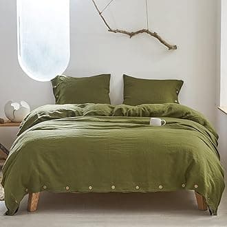 Simple&Opulence 100% Linen Duvet Cover Set 3pcs with Coconut Button Closure Natural French Washed Flax Solid Color Soft Breathable Farmhouse Bedding - Olive Green, King Size