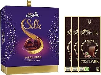 Cadbury Dairy Milk Silk Pralines Chocolate Gift Box, 176G & Bournville Rich Cocoa 70% Dark Chocolate Bar, 3 X 80 Grams